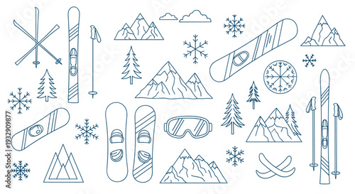 Winter sports equipment and mountain landscape elements collection in outline style for design and decoration