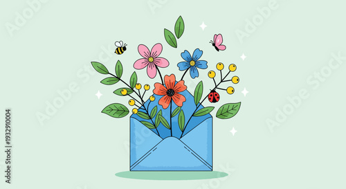 Spring Flowers Emerging from Blue Envelope Illustration.