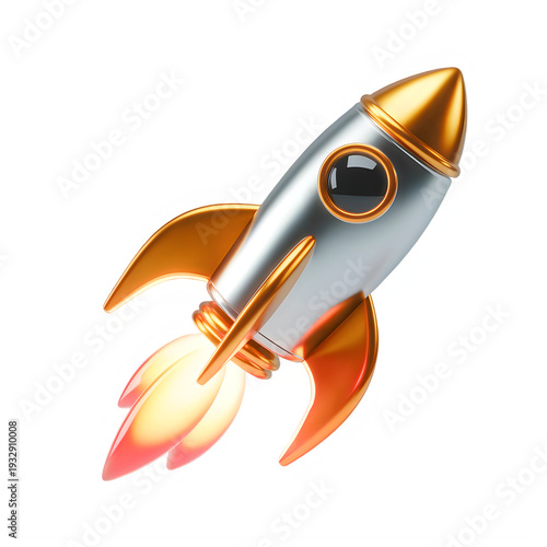 Silver and gold rocket launching with flames isolated on a transparent background