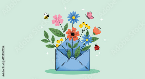 Spring Flowers Blooming from an Open Envelope Illustration.