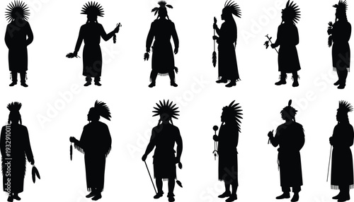 Native American tribal warrior silhouettes, traditional feather headdress figures, indigenous culture ceremony people, black vector illustration isolated