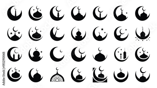 Black crescent moon icons with mosque silhouettes in various styles on white background for ramadan or islamic design