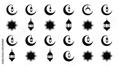 Islamic ramadan symbols and icons set crescent moons lanterns and stars on white background