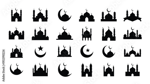 Black silhouettes of mosques and crescent moons on white background islamic architecture symbols ramadan and eid al fitr decorations cultural and religious icons