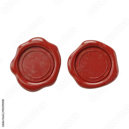 Two red wax seals with circular impressions isolated on a transparent background