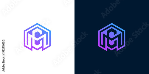 Monogram CM Hexagonal Logo Design Featuring Gradient Colors on White and Dark Blue Backgrounds