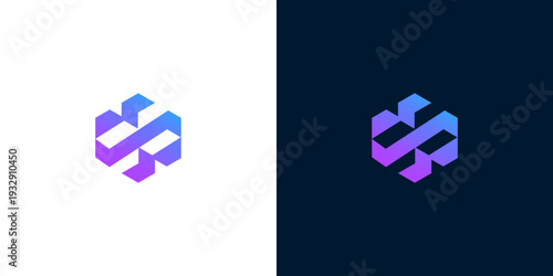 Abstract geometric logo concept featuring a modern 3D design with a vibrant purple and blue gradient, ideal for innovative technology, digital solutions, and professional branding