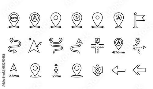 Map Location and Navigation Line Icon Set with GPS Pin Route Direction and Destination Symbols