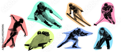 Colorful winter sports grunge halftone athletes set