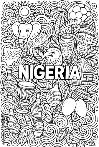 Nigeria hand drawn vector illustration doodle art line art coloring page for kids