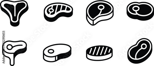 Meat steak and beef cut icon set with pork and grilled steak silhouettes vector illustration collection