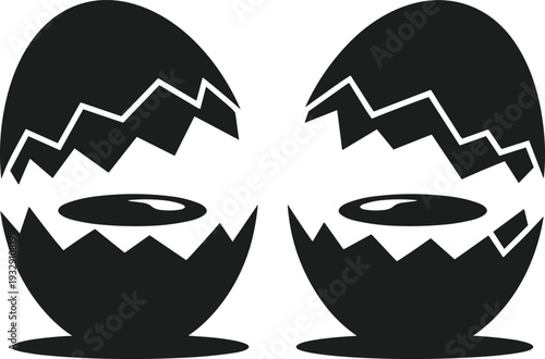 Two black broken eggshell silhouettes with jagged edges and oval shapes inside cracked