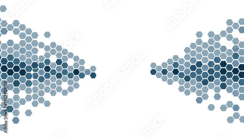 Abstract geometric background design featuring blue and grey hexagonal tiles scattered across a white surface in a mosaic style.