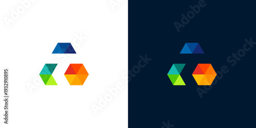 A dynamic and colorful abstract geometric concept logo showcasing three distinct shapes forming a unified structure, ideal for modern branding and corporate identity