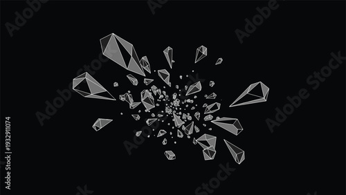 Abstract explosion of grey geometric crystals and low poly shapes flying through dark space creating dynamic movement and depth.