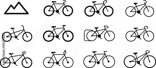 Mountain and bicycle line icon set, cycling transport outline vector illustration collection for outdoor sport design