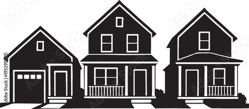 three diverse residential houses with garages and front porches silhouette vector illustration