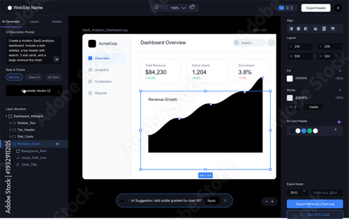 "The visual mood is sleek, high-tech, and professional, characterized by a sophisticated dark-themed editor interface that contrasts sharply with the clean, light-filled SaaS dashboard it is 
