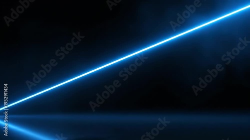 Glowing blue neon diagonal line. Cool electric blue neon diagonal line illuminating gradually across black background with faint mist for futuristic title scene