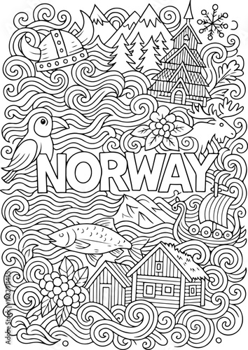 Norway hand drawn vector illustration doodle art line art coloring page for kids