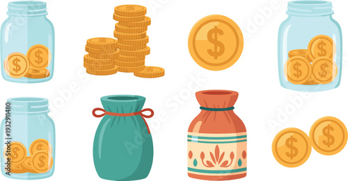 Gold Coin Savings Set with Glass Money Jars, Stacks of Dollar Coins, and Decorative Fabric Pouches for Financial Growth Vector.