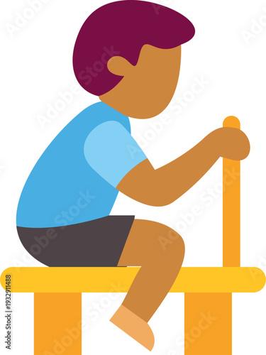 Boy icon sitting on a yellow bench, holding a stick