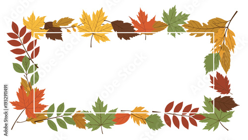 Decorative frame made of various colorful autumn leaves like maple and oak surrounding a central white space for seasonal text.
