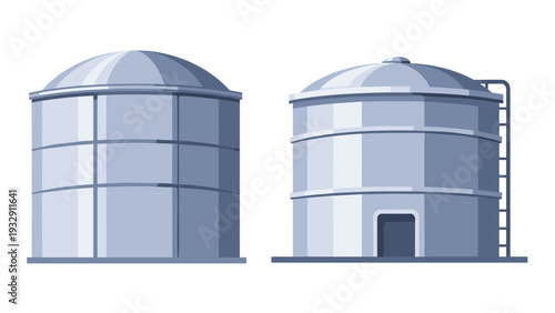 Large industrial water storage tanks with metal ladders for utility services, farming, and urban infrastructure projects.