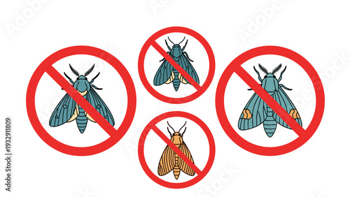 Multiple red prohibition signs featuring colorful moths to indicate insect-free zones and effective pest control measures.