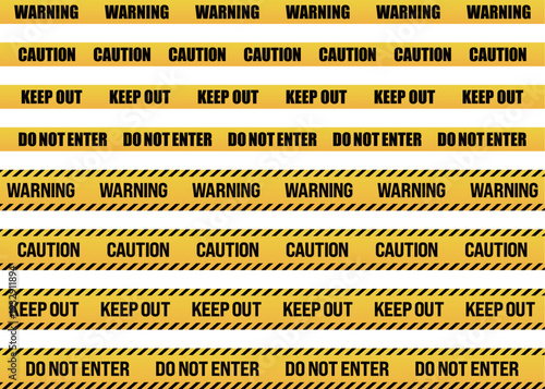 危険・注意のテープのベクター素材　Yellow and black caution tape set for warning and no entry Vector illustration Barrier tape design