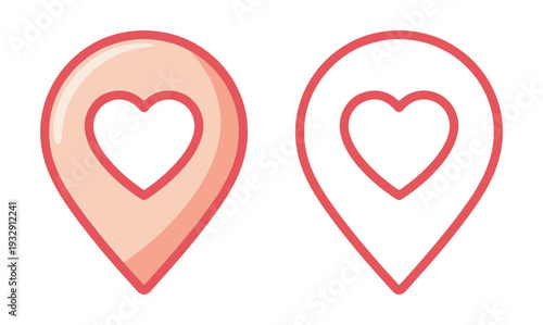 Vector Red Location Pin Icon, Heart location pin icon symbol on white background, location, place, shape, design, hearts, object, isolated, symbol