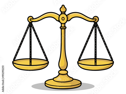 A golden 3d symbol of the scales of justice represents legal equality and balance as the brass weight measurements compare law and business concepts on a white background
