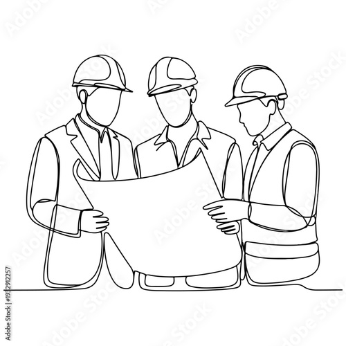 Outline vector illustration of a team of architects and workers standing together holding tools and documents, group of workers, team of architects