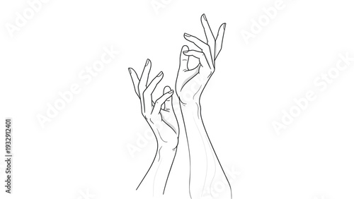 Artistic line drawing of two elegant human hands reaching upwards in a graceful pose against a plain white background for minimalist design concepts.