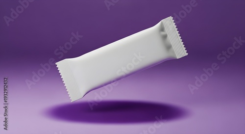 Floating white snack bar wrapper on purple background with shadow