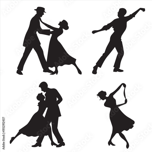 A creative vector illustration set featuring black silhouettes of dancing people, including fashion women in dresses and couples performing tango, capturing the art of dance for a party or wedding