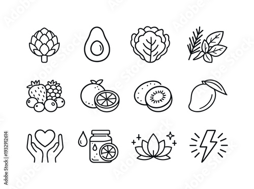 Line style vector icons of Seasonal spring foods: artichoke, avocado, lettuce, herbs; berries, citrus, kiwi, mango; nourish,