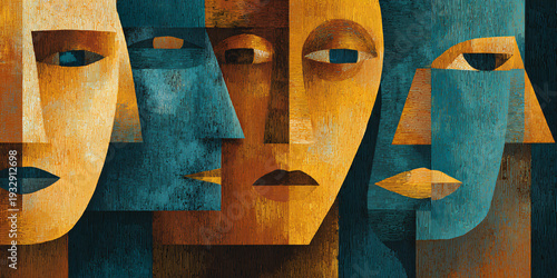 Abstract geometric faces in warm and cool tones, representing multiplicity of identity and artistic expression
