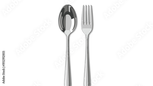 Realistic vector illustration of a polished stainless steel spoon and fork set placed side by side on a clean white background for dining concepts.