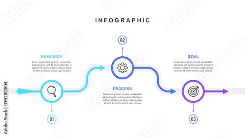 Business success arrow infographic with icons and 3 steps, timeline roadmap template for process, strategy, goal achievement, and corporate growth presentation design