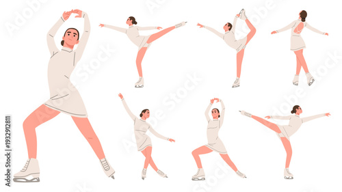 Flat vector illustration set of a female figure skater performing different poses and jumps on ice. Perfect for winter sports themes, competition posters, training materials, and sports branding.