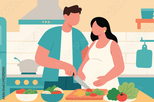 A Husband Accompanies His Pregnant Wife Cooking in the Kitchen Illustration Creative Design Template 