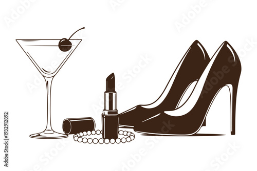 Martini Glass High Heels and Lipstick Fashion Vector Illustration