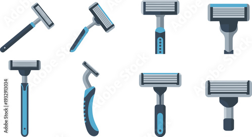 Shaving Razor Set with Modern Disposable Razors, Blue Triple Blade Cartridges, and Personal Grooming Accessories Vector Icons.