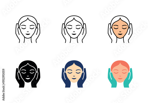 Wellness focused facial care concept depicting a peaceful face receiving gentle cosmetic attention from soft hands, presented six