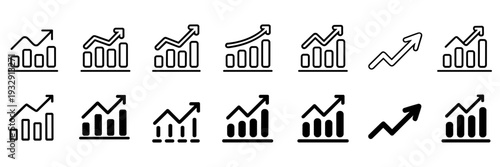 Growth icon set. Containing arrow up, growing graph, business chart icons. Vector illustration.