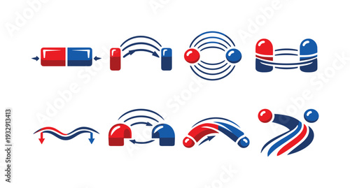 Two-Color vector icons of polarity field shapes: N-S style ends, curved arc sweep, soft field rings, gentle attract band; even