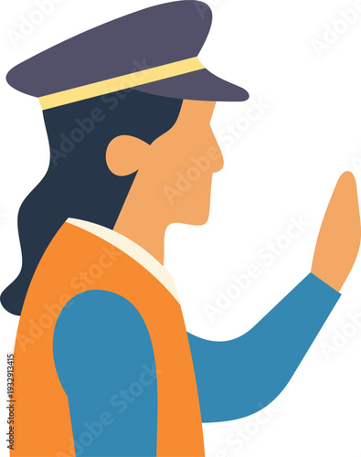 Officer wearing uniform and cap making stop hand gesture for safety and control