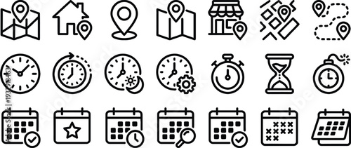 Scheduling and Navigation UI Icons Clocks Maps and Calendars Line Art Set
