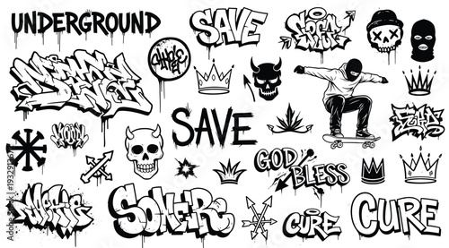 Collection of various graffiti style stickers and symbols on white background with words like save, cure, and underground
